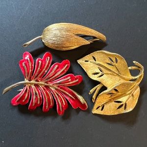 VINTAGE Set of THREE BROOCHES: Leaf Design/Two Signed/Gold Tone